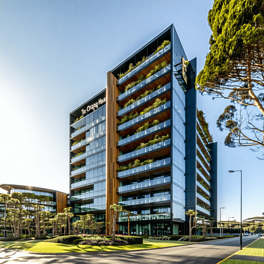 "A modern 25-storey healthcare complex called Te Oranga Hauora, located near Auckland Airport. The building features sleek glass walls, rooftop gardens, and elements of traditional Māori architecture carved into the exterior. The design is futuristic and eco-friendly, with natural wood and stone textures. The surrounding area includes landscaped gardens, wide pedestrian paths, and nearby transport links. Bright daylight setting, showcasing the full height and innovative design of the building."