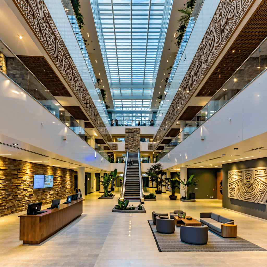 "The interior of Te Oranga Hauora, a 25-storey modern healthcare complex. The main entrance lobby is open and spacious, with high ceilings, natural light pouring through large skylights, and indoor plants creating a calming atmosphere. Māori carvings and woven panels decorate the walls. Nearby is a welcoming reception area with digital kiosks and comfortable seating.

Show a high-tech surgical theatre with advanced equipment and bright, sterile lighting. Include a mental health wellness centre with soft lighting, greenery, art therapy spaces, and quiet zones. Feature a Rongoā Māori healing space with warm wooden textures, woven mats, low seating, and traditional medicinal plants. Also show a large teaching auditorium with tiered seating and smart boards, plus a clean and modern cafeteria with healthy food options and communal seating."

