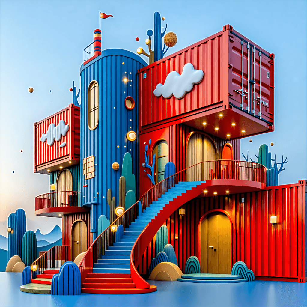 Create a surreal artwork that showcases three giant container to make one home, ingeniously designed with Art Deco era features, emphasizing natural ocean motifs and exaggerated chevron patterns, all following a nautical style. Each home is a testament to the fusion of luxurious colors like red, gold, blue or mainly ocean theme,    Pathways curve and arches