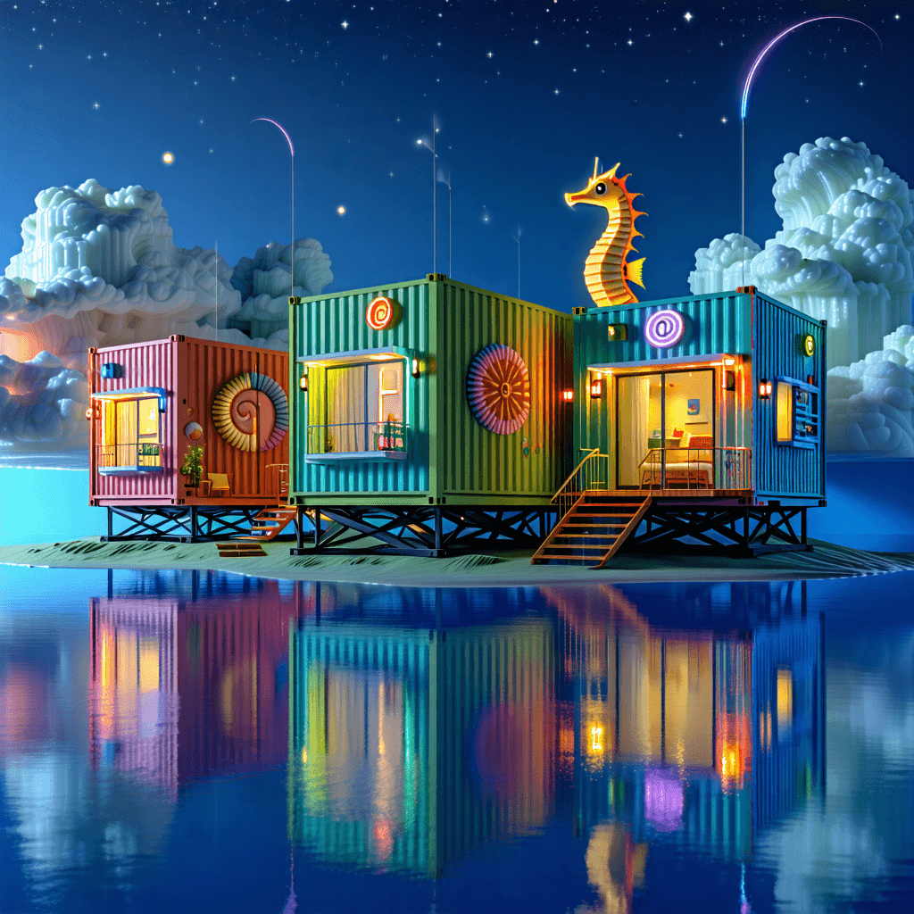 Create a surreal artwork that showcases three giant container homes, ingeniously designed with Art Deco era features, emphasizing natural ocean motifs and exaggerated chevron patterns, all following a nautical style. Each home is a testament to the fusion of modern and vintage, with retro-futuristic lighting casting dreamlike glows and shadows, surrounded by mirrored illusions of the environment, enhancing the surreal atmosphere. The scene is set against a backdrop of glowing bioluminescent clouds, with a sculptural seahorse statue standing as a landmark. The ground mirrors the sky with a mirror lake, reflecting the whimsy above. Pathways curve and arch, leading the eye through the composition, lit by underwater bioluminescence, creating a scene that feels both otherworldly and familiar. The color palette shifts iridescently, complementing the dynamic, curved architecture. Adding a touch of whimsy, flying fish balloons dot the sky, blurring the lines between the aquatic and the aerial.