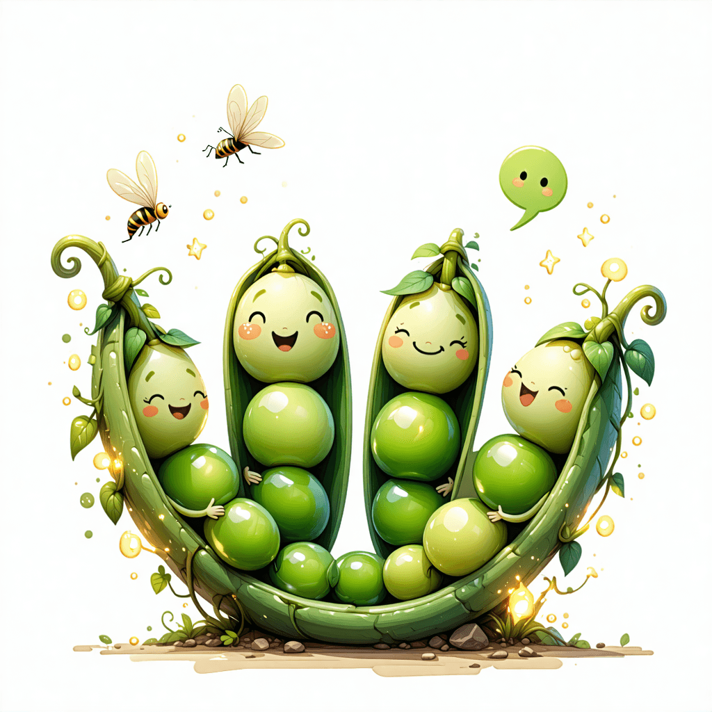 In a whimsical, vibrant pastel-colored tiny garden setting, illustrate a heartwarming story of four personified peas in a pod. Each pea should have a unique facial expression, ranging from joyous to mischievously delighted, capturing their distinct personalities. They are nestled within a circular composition that focuses on their interaction - one of the peas is animatedly jumping, as if sharing an exciting secret, with tiny speech bubbles visible to suggest a lively conversation. The scene is lit by a soft ambient light, enhancing the magical atmosphere where glowing fireflies dance around them, adding a touch of magic with their light. The pea pod's texture should be detailed, emphasizing its natural essence amidst the oversized garden props like gargantuan leaves and flowers, creating a playful contrast in scale. Surrounding this enchanting gathering, a subtle magical glowing aura highlights the peas, suggesting a fantasy element to their story. The overall impression should be one of joy, mystery, and the tight-knit bond of friends sharing secrets in their own little magical world.