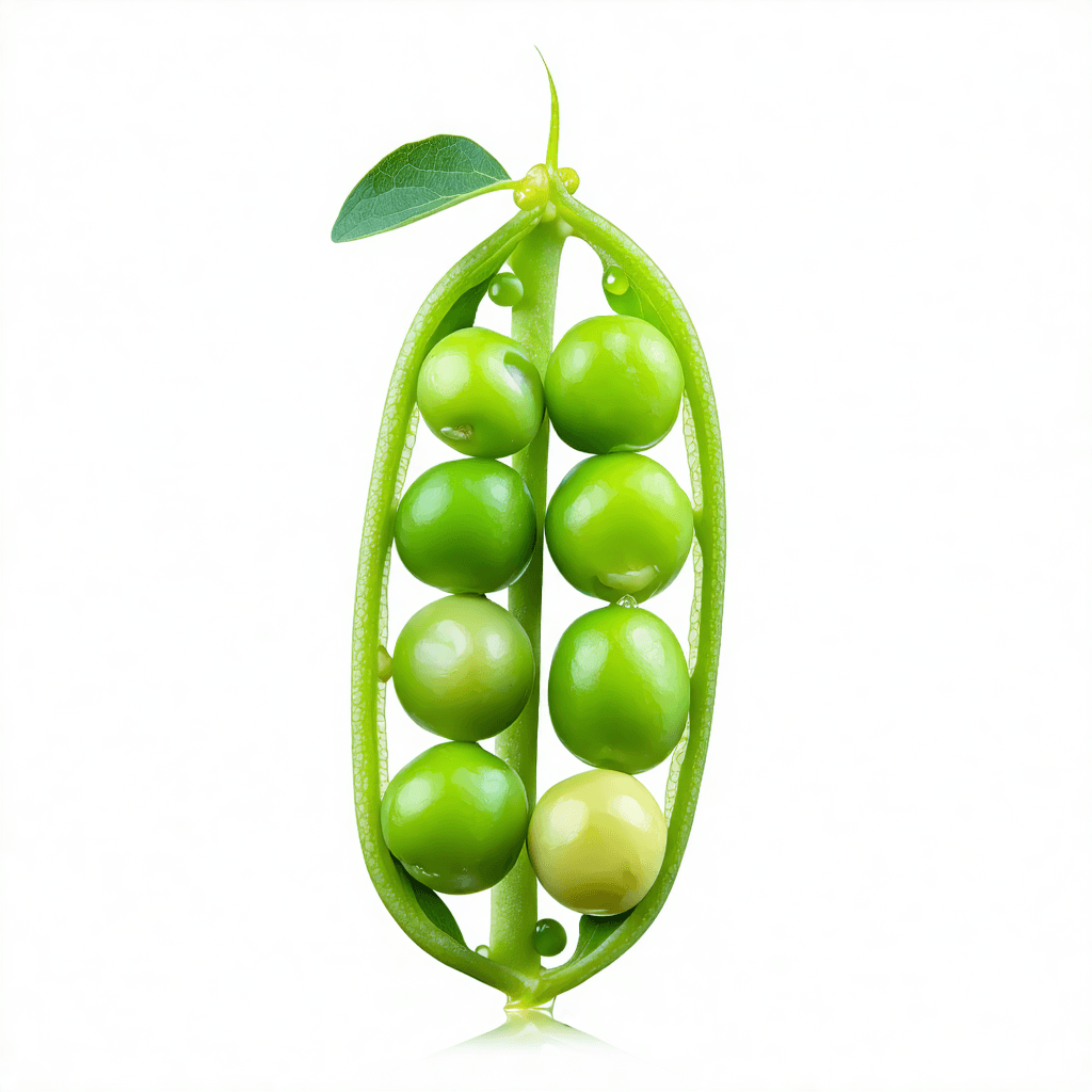 "Four emerald-green peas nestled closely inside a fresh, open pea pod"