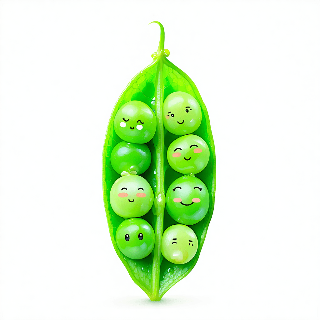 "Four emerald-green peas nestled closely inside a fresh, open pea pod" with faces. Four I tell you.