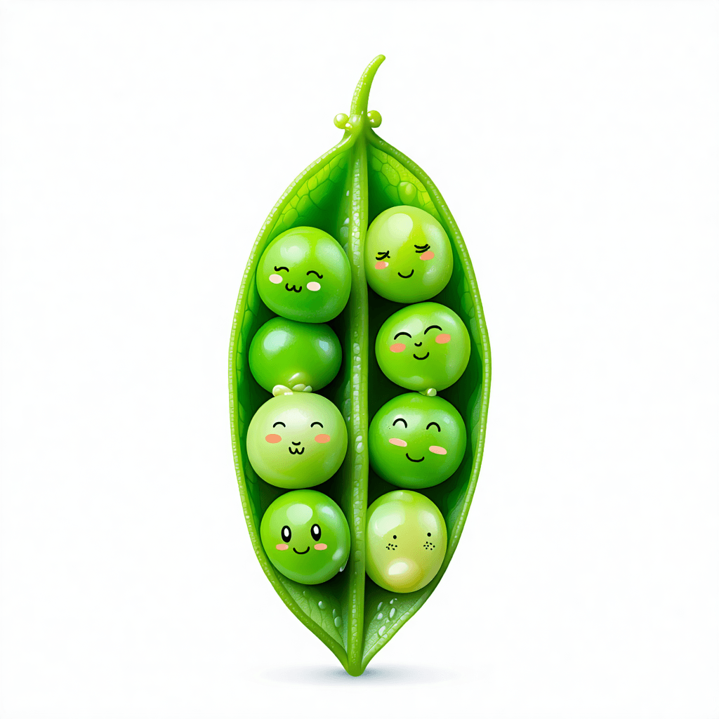 "Four emerald-green peas nestled closely inside a fresh, open pea pod" with faces