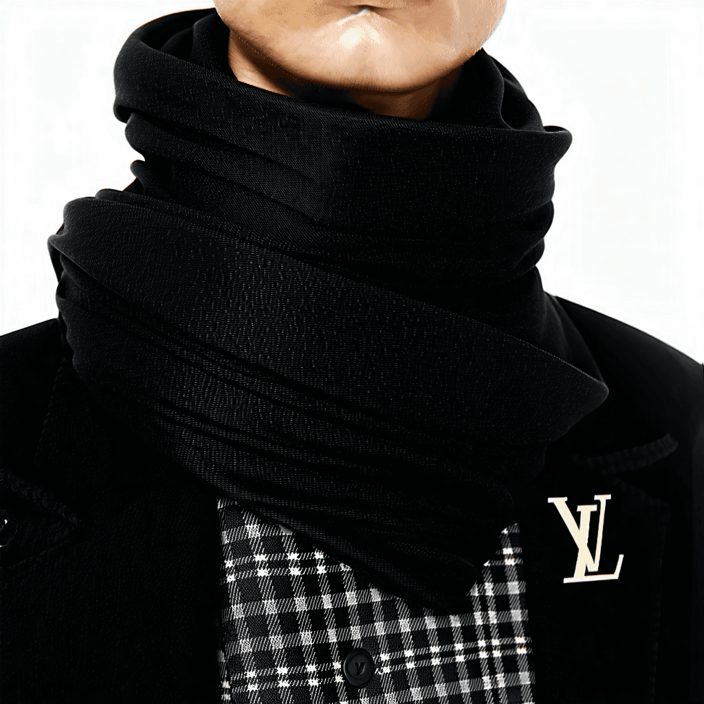 Envision a sophisticated, high-quality product photo showcasing a luxurious black LV snood. The snood, adorned with a subtle monogram LV branding, is elegantly held by a model, emphasizing its fine texture and exquisite craftsmanship. The composition should feature soft diffused lighting to highlight the snood's delicate details and monochromatic black and white color palette, enhancing its allure. A shallow depth of field will draw focus to the snood, with strategic layering and accessories adding depth to the image. The background is a luxurious textured fabric, lending an opulent backdrop to the item. Close-up shots should reveal the macro texture of the snood and the reflective surfaces subtly showcasing the LV monogram. The scene is set in a lifestyle context, with the snood presented in or beside a luxury gift box, exuding sophistication and elegance. The overall aesthetic should be professional, clean, and detailed, focusing on the product while capturing a lifestyle essence that resonates with the brand's identity.