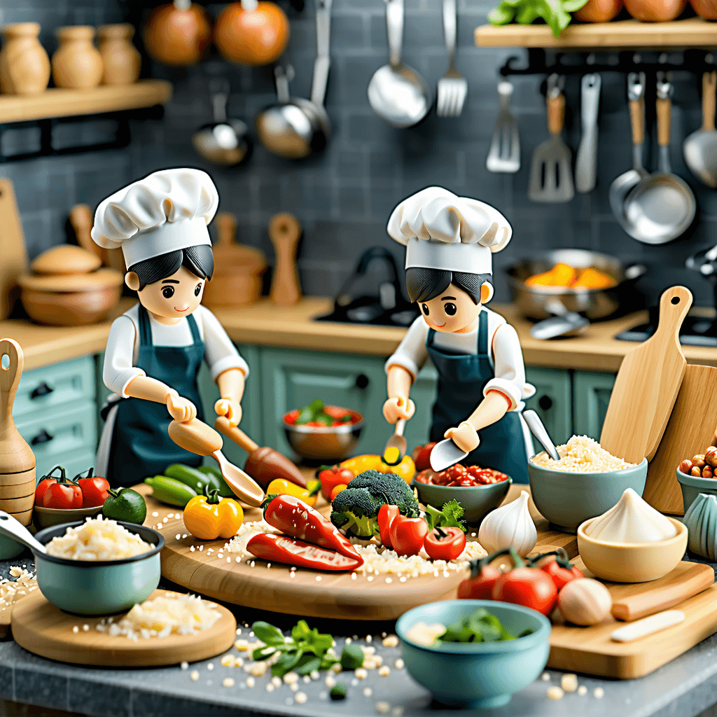 Craft an inviting and cozy food photography scene where miniature humans are making food. Picture this through a bird's eye view, employing a Dutch angle to add a dynamic perspective. The lighting should be soft and diffused, casting gentle shadows to highlight the focused concentration on the tiny chefs' faces and the intricate details of their miniature kitchen utensils. Use a shallow depth of field to emphasize the macro close-up on the food, revealing the textures and the preparation process. Integrate a regular-sized object to provide a fascinating sense of scale, contrasting with the miniature world. The entire composition should be wrapped in a pastel color palette, making the scene not only appetizing but also engaging and stylish. Props, like tiny pots and pans, should complement the scene, enhancing the narrative of these little humans hard at work in their kitchen.