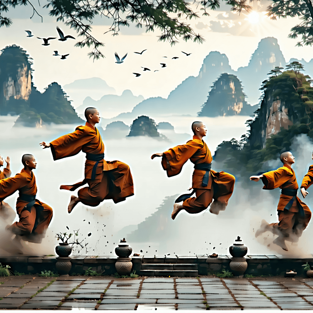 Create a captivating story illustration featuring 2-3 sequential frames of a Buddhist monk in the act of jumping. The monk, adorned in intricately patterned robes, should be captured in a variety of mid-air poses that showcase dynamic movement and foreshortening effect, adding depth to the scene. Each frame emphasizes the action with a subtle motion blur effect, highlighting the fluidity and grace of the leap. The monk's facial expression remains serene amidst the movement, embodying a peaceful resolve. The backdrop is set against majestic mountains, under a dramatic lighting that casts from below, creating an interplay of light and shadow across the scene. The color palette should be monochromatic, enhancing the mood and focusing on the detailed textures of the monk's robes. Compositionally, the frames are arranged in a diagonal line to guide the eye through the narrative flow of the leap, with each frame incorporating a lotus flower symbolically to underscore themes of purity and enlightenment. The overall style should be narrative, expressing a story of serenity, motion, and transcendence. 

Make it more sketchy
