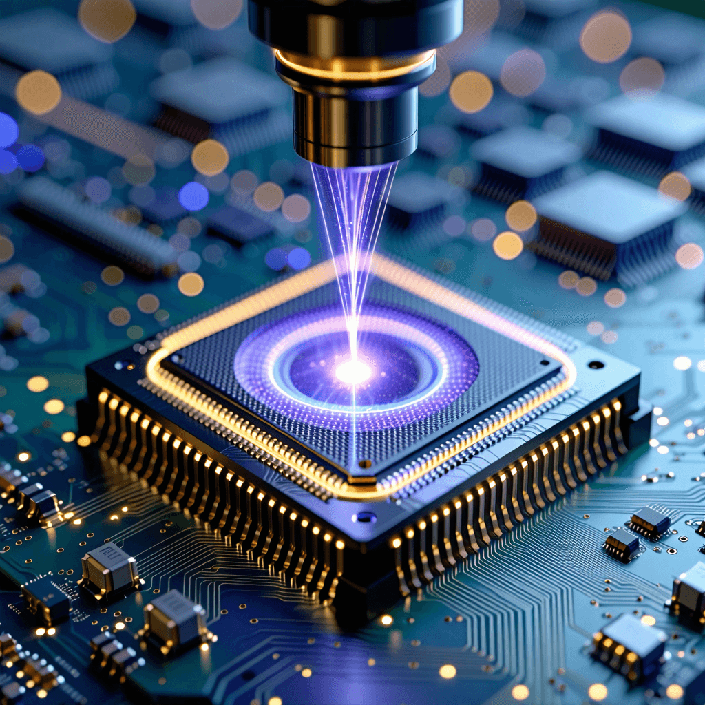 Create a captivating product photo showcasing a cutting-edge butt couple laser merging into a Photonic Integrated Circuit with a prominently featured ring resonator. This image should feel as though it's peering into the future of technology, with a macro photography approach to bring out the intricate details and textures of the materials. Employ soft diffused lighting to illuminate the subject, highlighting the sleek, reflective surfaces and creating a symmetrical composition that feels balanced and harmonious. The colors should be vivid, with color grading that enhances the futuristic vibe of the scene. Incorporate an action shot that subtly demonstrates the laser's functionality, perhaps by showing a beam of light engaging with the circuit. Add depth with careful depth of field manipulation, ensuring the main subject is in sharp focus against a softer background. A digital interface overlay should hint at the technology's advanced capabilities without overshadowing the product itself. Finally, include a subtle placement of a logo to suggest branding, and ensure the product's scale is evident through an in-context reference, making the innovative nature of this photonic device truly stand out.