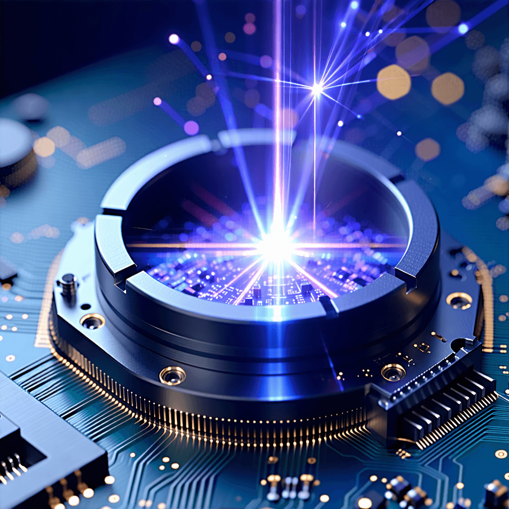 "Craft an intriguing product image that highlights a state-of-the-art butt couple laser merging into a Photonic Integrated Circuit, with a ring resonator taking center stage. The image should emanate a sense of stepping into a technological era beyond our own, using tight close-ups to expose the fine details and textures of the materials used. Use dramatic, high contrast lighting to emphasize the polished, reflective surfaces and maintain an equilibrated composition that feels orderly yet dynamic. The palette should be saturated and bold,