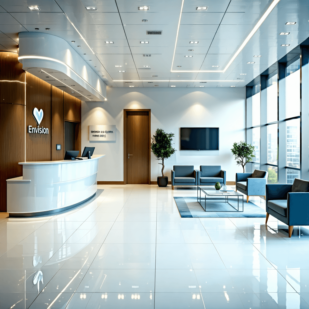 Envision a modern medical clinic interior, designed with a focus on a clean, clinical, and professional aesthetic. The heart of the scene is a reception room, accessible directly from the staircase, setting the stage with a sleek reception desk adorned with the clinic's subtle logo on the wall behind, two guest chairs inviting a moment of pause, and glossy white tile flooring reflecting the soft ambient lighting from the recessed LED fixtures above. To the right, a patient waiting area offers a symmetrical layout of chairs along the wall, a wall-mounted TV for distraction, and a touch of greenery with a small plant, enhancing the space with a sense of calm. The back-left holds the doctor's chamber, a space of trust and professionalism, featuring a modern doctor's desk, two visitor chairs for intimate consultations, and an examination bed, all under the watchful eye of interactive screen displays showcasing patient information. Opposite, the diagnostic room is equipped with a diagnostic table, an ECG/ultrasound machine desk, and a wall cabinet, ensuring functionality meets design. The color palette of white, soft blue, and light gray harmonizes the spaces, accented by reflective surfaces and glass partitions that hint at openness while maintaining privacy. Patient and doctor silhouettes animate the scene, bringing human elements to the forefront, alongside clear pathways that guide the flow. The entire visualization should breathe life into the clinic floor plan, making it feel ready to welcome its first patient.