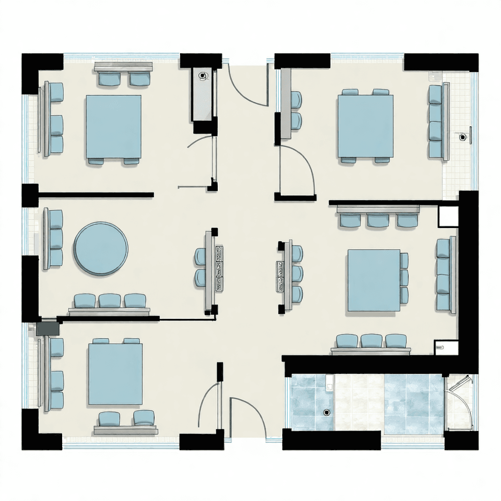 "Imagine an up-to-date healthcare clinic interior, structured with an inviting Reception Room at the entrance, a peaceful Patient Waiting Area towards the right, a sophisticated Doctor's Office (15' x 10') at the far-left, and a fully operational Diagnostic Room (15' x 10') at the far-right. The overall design is crisp, sanitary, and structured, featuring hues of ice white, sky blue, and pale gray. The floor sparkles with polished white ceramic tiles, contrasted