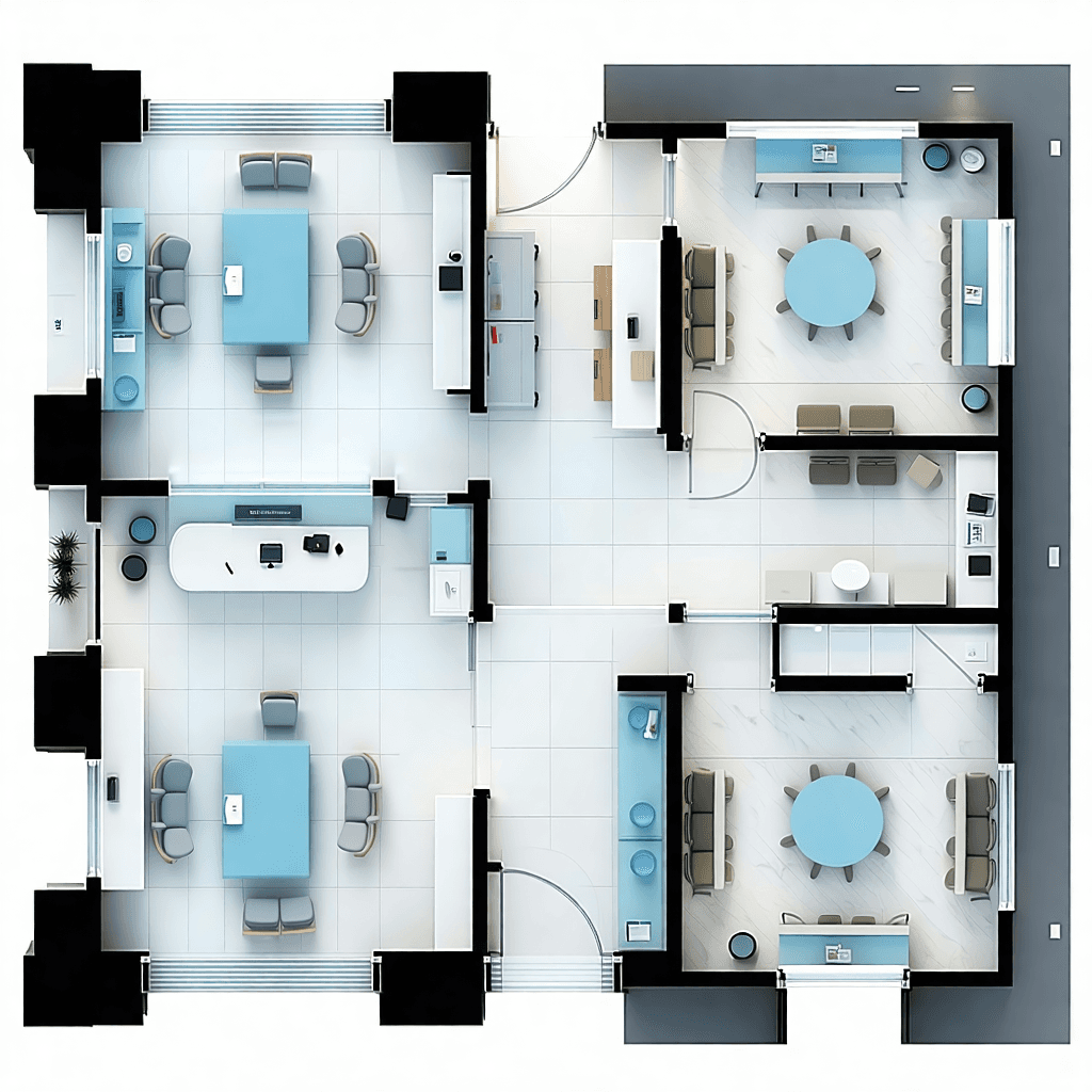 Envision a modern medical clinic's interior, designed with a layout that includes a welcoming Reception Room at the front, a serene Patient Waiting Area to the right, a professional Doctor Chamber (15' x 10') at the back-left, and an equipped Diagnostic Room (15' x 10') at the back-right. The aesthetic is clean, clinical, and professional, with a color palette of white, soft blue, and light gray. The flooring shines with glossy white tiles, complemented by a false ceiling above, dotted with recessed LED lighting to cast a soft, ambient glow. A sleek reception desk, accompanied by two guest chairs and a clinic logo wall, sets a branded tone. The right wall hosts patient waiting chairs, a wall-mounted TV, and a touch of greenery with a small plant. Inside the Doctor Chamber, a modern desk, two visitor chairs, and an examination bed are arranged for functionality and comfort. The Diagnostic Room houses a diagnostic table, an ECG/ultrasound machine desk, and orderly wall cabinets. Each space is well-lit, emphasizing the careful spatial layout. The staircase area or lobby seamlessly connects to the reception room, inviting entry. Enhancements include leading lines to draw attention, variations in textures with glossy and matte finishes, and silhouettes of patients or medical staff to add a human element. The lighting's color temperature harmonizes with the palette, while transparent overlays indicate room divisions. More greenery, functional equipment, reflections on glossy surfaces, and interactive digital screens displaying medical information all contribute to a detailed, realistic, and atmospheric visualization.