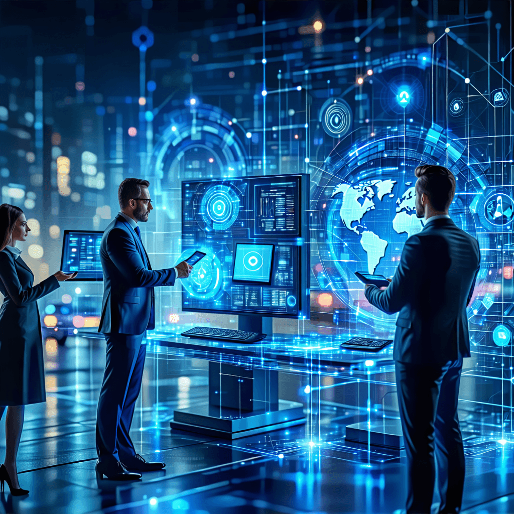 "Construct a stylized noir-inspired representation that creatively illustrates the fusion of technology within the UK security sector. The dominant visual metaphor should be an intricate, glowing network of circuits, signifying the fluid integration of multiple technologies. This should encompass high-tech biometric detectors, shown as being operated by security staff within a cityscape context. Integrate components of live analytics through data presentation monitors or holograms that relay real-time data streams, underscoring the sector's focus on timely, actionable data. The