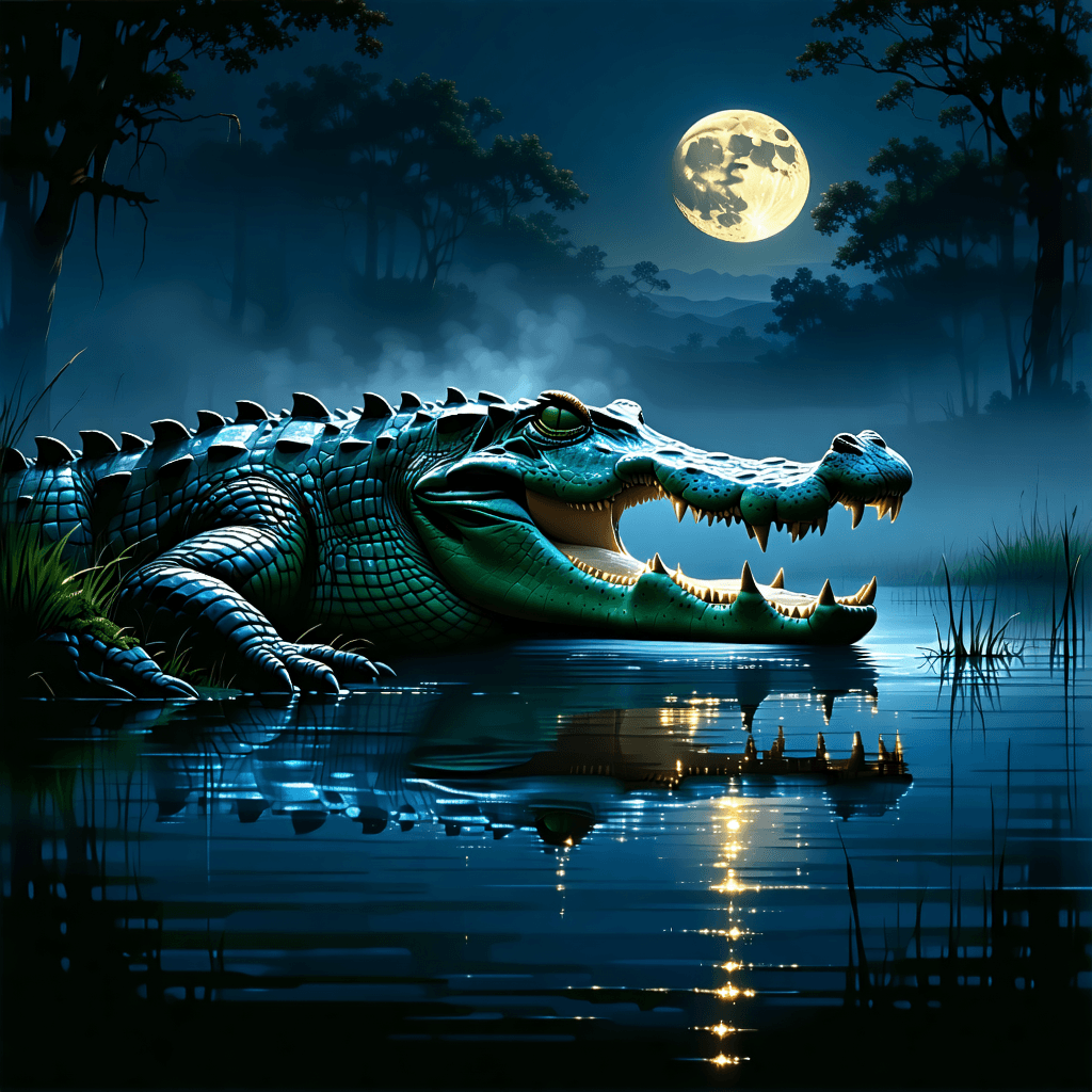 "Depict an image of a gigantic, brooding river crocodile resting heavily next to an opaque marshland basin. The beast's jaws are slightly open, revealing a peek of its menacing, needle-like teeth, reflecting the moon's ghostly glow. Its eyes - calm, yet vigilant - seem to be glowing, obscured by the thin layer of fog that slowly rises from the chilly swamp waters. The backdrop is a panoramic view of untamed wilderness, thrown into relief by the crocodile's solitary