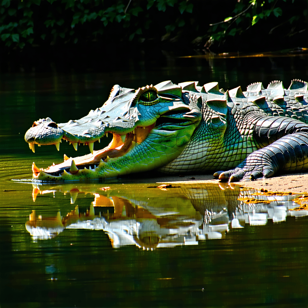 "Paint a picture of a colossal, placid river crocodile lounging languidly next to a crystalline marshland pool. The creature's mouth is subtly ajar, offering a glimpse of its formidable, razor-sharp teeth, polished by the sun's glistening touch. Its eyes – tranquil, yet watchful – appear to be luminescent, set amidst the delicate veil of mist that leisurely ascends from the balmy swamp waters. The backdrop is a vast tableau of serene wilderness, further emphasized by the crocodile's restful existence. Ensure that the water droplets shimmering on its sturdy, scaly epidermis radiate like precious gems under the elusive sunbeam."