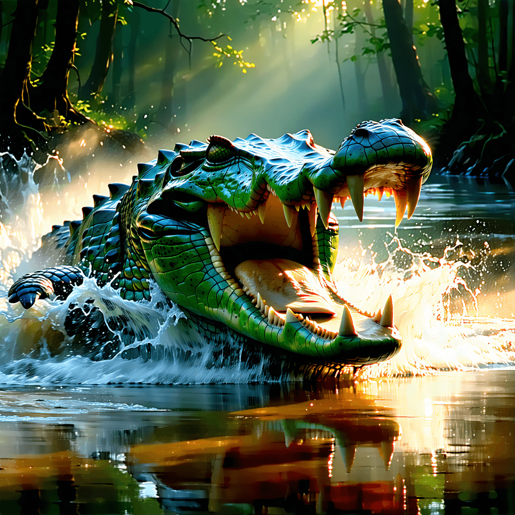 Craft a portrait art capturing a large, angry river crocodile as it charges out of a murky swamp pool, jaws agape, revealing a terrifying array of sharp, pointed teeth. Its eyes, focused and fierce, pierce through the ethereal mist rising around it. The swamp, a vast quagmire of mystery and danger, comes alive with the crocodile's aggressive emergence, water droplets flying around its powerful body to emphasize its force. Illuminate this scene with dramatic lighting, casting strong shadows and highlights to sculpt tension and highlight the texture of the crocodile's rugged, scaly skin. Add depth and dimension by layering mist and dense swamp vegetation in the background, blurring them to suggest the crocodile's swift charge. The atmosphere is thick with foreboding, suggested by subtle glows of hidden creatures' eyes and the untamed wilderness of decaying trees and fallen branches. Enhance the scene with striking contrast between the dark scales of the crocodile and the murky swamp, and insert dramatic weather elements like distant lightning strikes for an added sense of drama. The entire composition should be rich in detail, from the intricate texture of swamp vegetation to the expressive power of the crocodile's charge, creating a portrait that is both menacing and majestic.