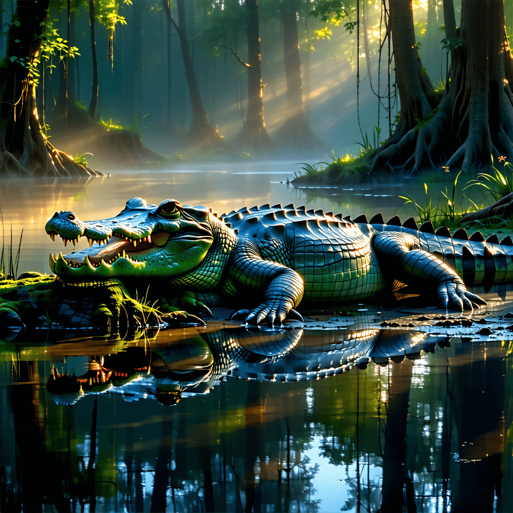 "Depict a serene scene of a large, tranquil river crocodile lounging near a clear swamp pool, its mouth slightly ajar to reveal an impressive array of sunlit, sharp teeth. Its eyes, calm and observant, seem to glow amid the soft mist that gently rises from the warm swamp water. The swamp is a sprawling canvas of nature's beauty and tranquility, punctuated by the crocodile's peaceful presence. Make the water droplets glisten on its robust body as if