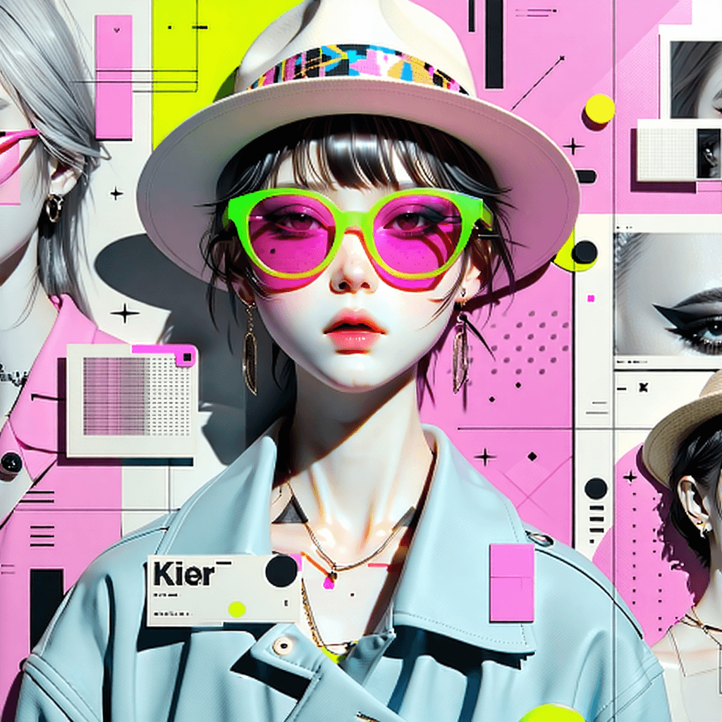 Create a game asset inspired by a 'Little Designer in Life' theme, focusing on expressing personal style through fashion. The main subject is a dynamic, interactive collage that blends magazine cutouts, digital illustrations, and hand-drawn sketches to showcase a range of styles the user likes. Utilize a pastel color palette to enhance the overall look, incorporating iconic fashion accessories like sunglasses and hats for character. The composition should be dynamic, with overlapping layers for depth and a mix of small and large patterns for contrast. Add metallic textures for a glamorous touch, neon lighting for a futuristic vibe, and custom name label stickers with unique fonts for personal branding. Integrate movable flaps or pop-up elements for interactivity, and blend hand-drawn sketches with digital elements using mixed media techniques. Include close-up shots of fabric textures and details from fashion photography, geometric patterns in clothing designs, and shape masks for creative framing. Overlay text on fashion elements, integrating whimsical details like unicorns or fairies to enhance the playful, creative aspect.