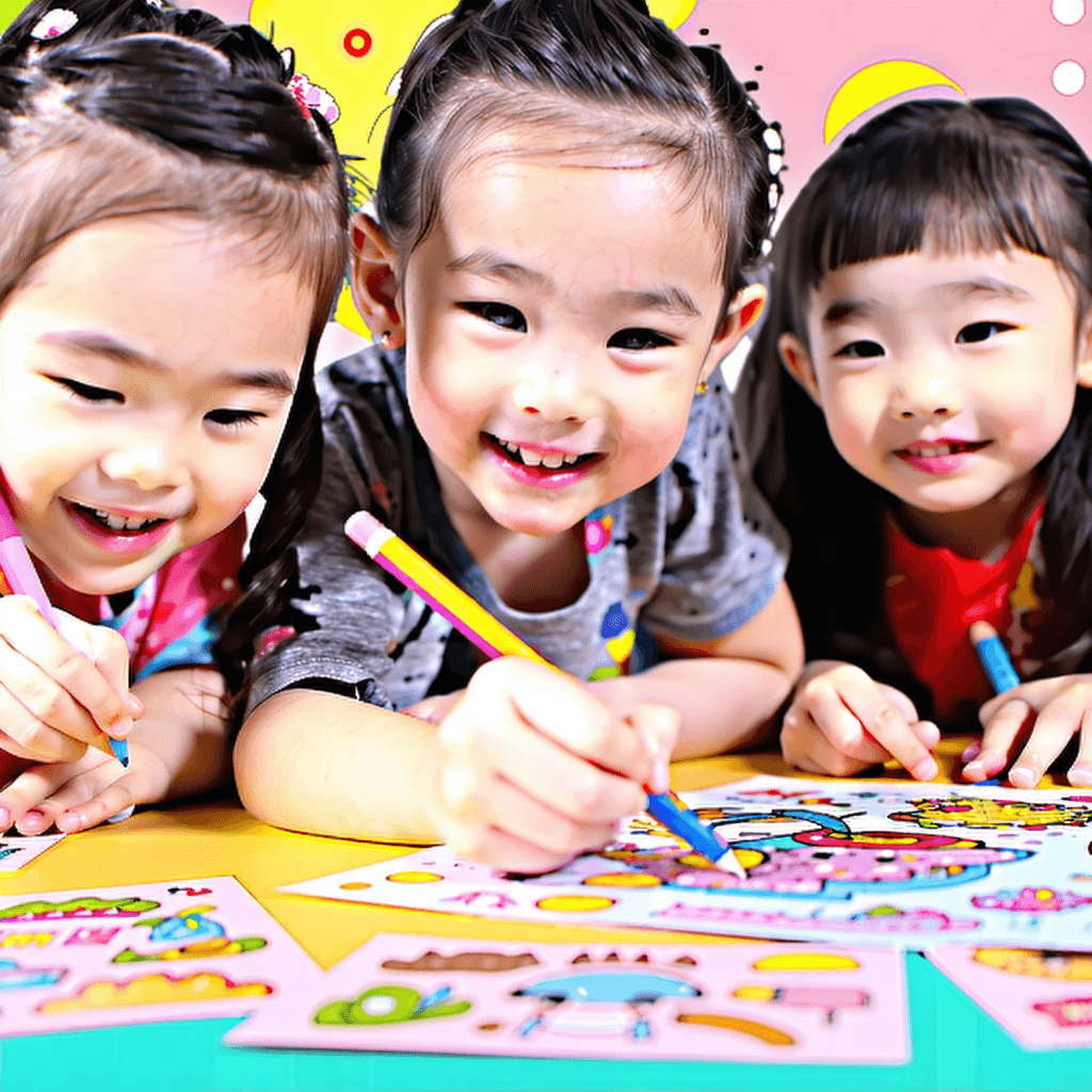 Envision a vibrant and engaging Instagram ad featuring a group of Chinese children aged 6-9, deeply engrossed in the joyous process of creating their own personality label stickers. The scene captures close-up shots of their small hands drawing intricate designs and cutting out beautiful patterns, set against a colorful backdrop that enhances the mood. Compositionally, the image adheres to the rule of thirds, guiding the viewer's eye across the montage of progress - from brainstorming ideas to the final sticker creations. Their smiling faces, illuminated by soft natural light, exude warmth and happiness, infusing the scene with emotion and expression. To add a playful touch, a confetti overlay sparkles around them, symbolizing celebration and creativity. The inclusivity of this collaborative artwork is palpable, with each child contributing uniquely to the project. Custom branded stickers are subtly integrated, showcasing the brand in a natural manner. The image also teases an interactive sticker design feature, encouraging viewer participation. To underscore the ad's social engagement, a visible social media share count hints at the widespread appeal and shareability of this creative endeavor. This Instagram ad is not just an advertisement but a story of collaboration, creativity, and joy, designed to captivate and inspire its audience.