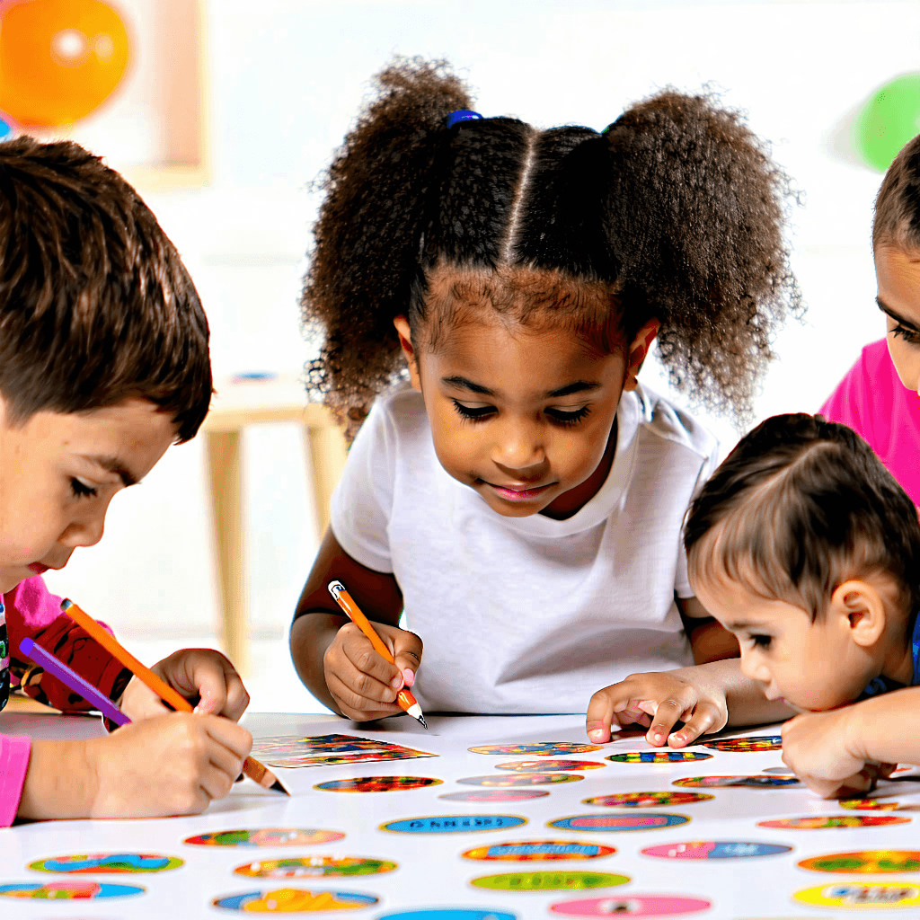 Create an engaging and mobile-optimized Instagram ad that captures a warm and inviting atmosphere where a diverse group of children are gathered in a circle, each engrossed in creating their own personality label stickers. Highlight the diversity by incorporating a range of cultural elements in the stickers. Show one child sketching a design with deep focus, while another child is cutting out intricate patterns, emphasizing individuality. Use a color palette of bright primary colors for the stickers, making the scene vibrant. Add playful elements like colorful confetti and playful stickers scattered around to incorporate playfulness. The background should be soft-focus, adorned with art supplies to set a creative scene. Each child's face should reflect a blend of concentration and joy, capturing the creative process authentically. Overlay the text 'Discover Your Unique Style' in a way that complements the composition. The lighting should be soft natural light coming from a window, enhancing the mood and creating a warm, inviting atmosphere.
