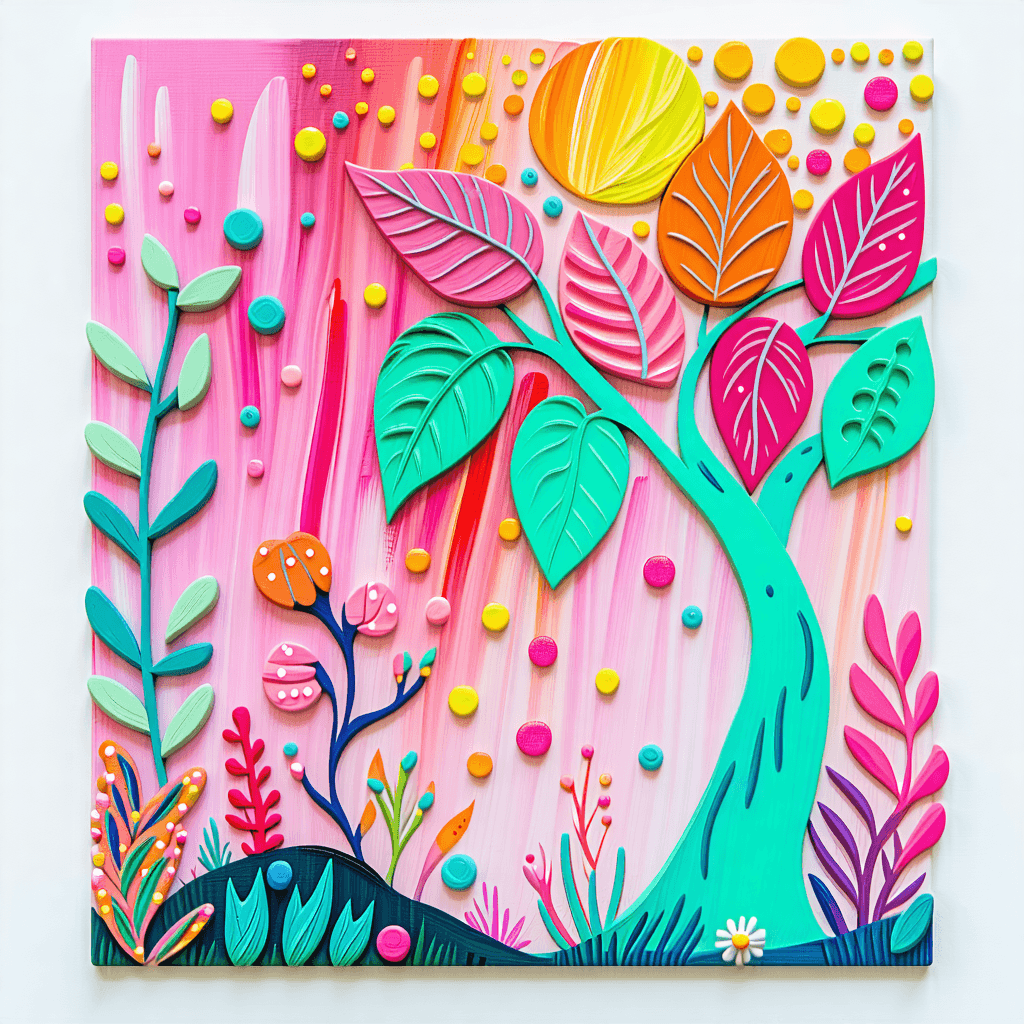 Craft an engaging Instagram ad that showcases the whimsical process of art creation using plants, stickers, and a playful mix of paint techniques. Visualize a vibrant canvas bag or piece of clothing being transformed through the application of roller or sponge-painted leaf vein patterns, carefully cut out to reveal imaginative shapes. Layer these elements in a collage that narrates a story set in a Candy Forest, employing a color palette of pink, mint green, and blue dots inspired by candy, leaves, and dotted rain. Enhance this scene with gradient overlays for a vivid color spectrum, leaf vein pattern textures, and a dynamic layered collage effect. Incorporate soft ambient lighting to highlight the intricate details and textures, adding a layer of candy-inspired whimsical elements. The composition should include macro shots to emphasize texture details and play with light and shadows, creating a storytelling narrative through character interactions within this imaginative setting. Design this ad in a vertical format optimized for mobile viewing, employing minimalist negative space around the edges for a clean look. Use overlay blending modes for a seamless integration of elements, showcasing a snippet of the time-lapse video of the artistic process to emphasize the creativity and craftsmanship. Add interactive elements to invite engagement, ensuring the brand's elements and a clear call-to-action are subtly integrated into the design, making it not only eye-catching and shareable but also distinctly branded.