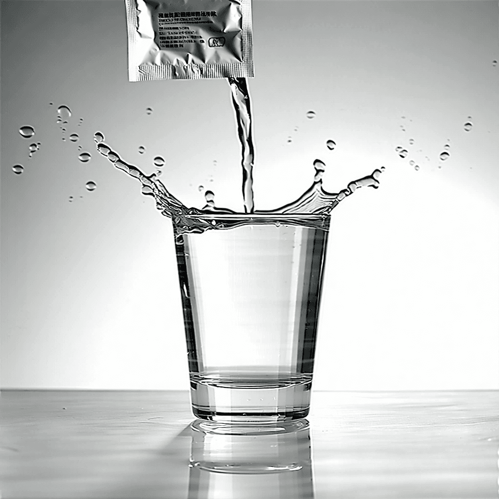 Craft an elegant, minimalist product photo of a single sachet of water. The image should be in high-quality black and white, capturing the sachet off-center as it is being poured into a glass. An overhead shot looks down at this scene, emphasizing the dynamic angle and focusing on the texture of ripples in the water, both within the sachet and as it splashes mid-air, creating a frozen splash effect around the glass. The lighting should be soft and diffused, highlighting the texture contrast between the clean, white background and the reflective glossy surface on which the glass rests, adding a subtle reflection of the sachet. Integrate a contrasting textured background to enhance the composition further, adhering to the rule of thirds for a balanced visual appeal. Ensure the brand's logo on the sachet is subtly visible, blending seamlessly within the monochrome aesthetic and minimalist composition.