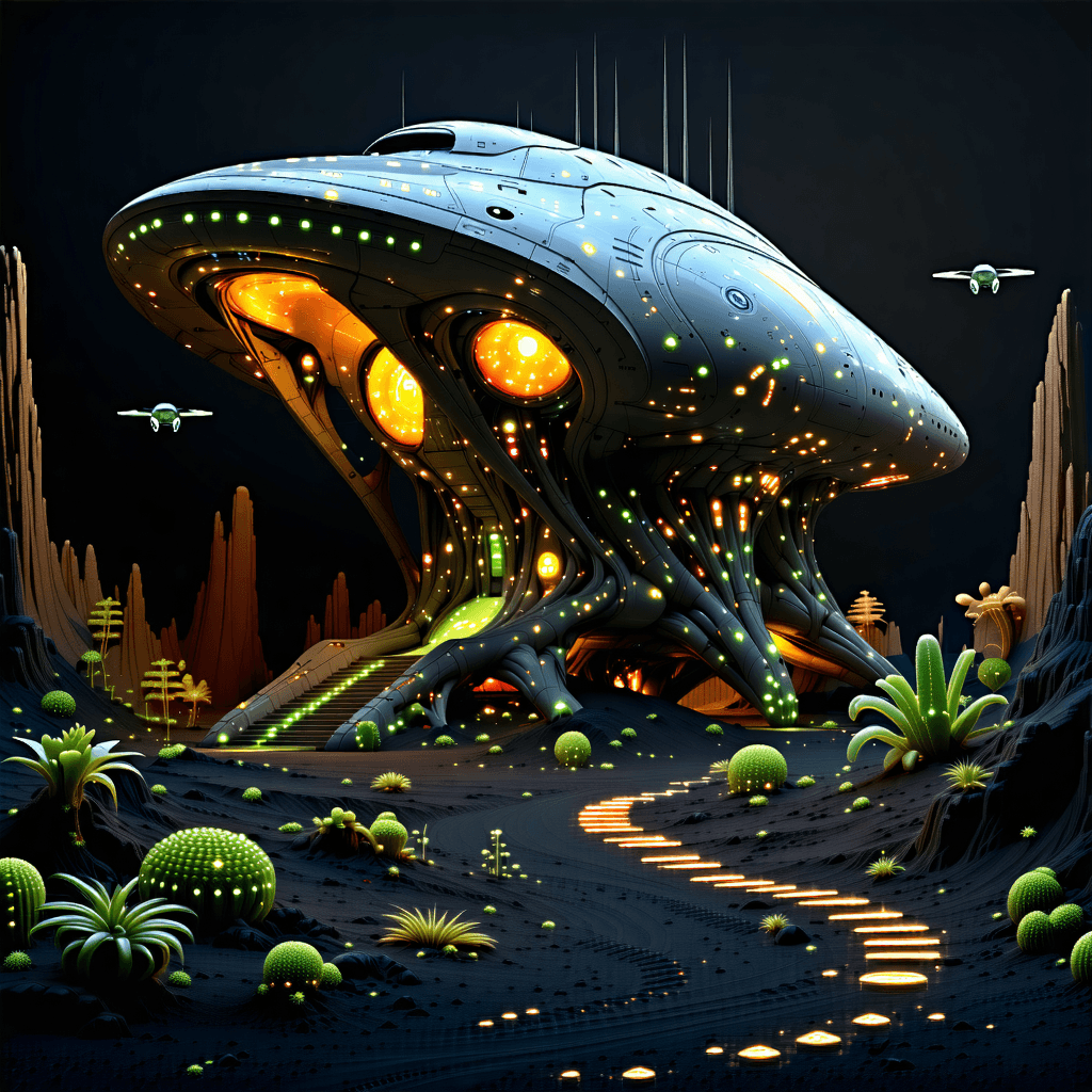 Imagine a scene set on an uncharted alien planet, where the main subject is an awe-inspiring alien craft. The craft, a marvel of futuristic architecture, features organic shapes that merge seamlessly with the alien landscape. Its surface boasts metallic shaders that catch the bioluminescent glow emanating from both the craft and the surrounding alien flora. This glow, in hues of vibrant bioluminescence, casts an ethereal light across the scene, highlighting mysterious symbols and glowing runes etched into the craft's hull. Hovering drones, integrated harmoniously with the design of the craft, add a dynamic feel to the scene, suggesting advanced alien technology at work. The craft is positioned using forced perspective to emphasize its majestic scale against the backdrop of an electromagnetic storm, which adds a dramatic atmosphere with its vibrant colors and energy arcs. Reflecting the storm's energy, the craft and its surroundings are imbued with a sense of otherworldly power. In the distance, alien flora bends subtly towards the craft, as if drawn by its energy, under a sky lit by the storm's eerie light. Accompany this visual with an imagined soundscape of alien technology, ensuring the entire composition feels alive and immersive. The overall effect should be realistic, detailed, and professional, capturing the atmospheric essence of an alien world touched by the advanced technology of its inhabitants.