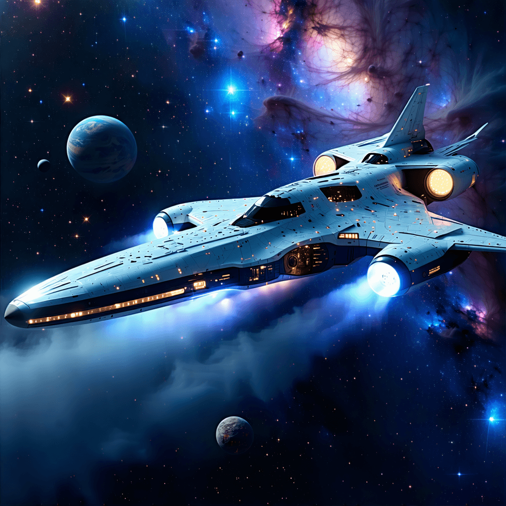 Envision a grand architectural visualization of a futuristic spaceship, its design sleek and streamlined, with surfaces that gleam with a metallic sheen under the glow of neon lighting. The composition employs forced perspective to emphasize the enormity of the ship, making it the focal point against a vast, star-studded space backdrop. Surrounding the spaceship, oversized celestial objects lend a sense of awe and scale, while the engines emit a vivid display of exhaust effects, enhancing the sensation of power and motion. Reflective surfaces on the ship catch the ambient light, creating a play of reflections that adds depth and vibrancy to the scene. Floating debris around the ship suggests recent activity or travel through treacherous regions. The color palette is a symphony of futuristic neon colors, casting an ethereal glow that contrasts with the darkness of space. Haze and fog weave through the scene, softening the edges and adding a layer of mystery. From a bird's eye view, the image captures the spaceship's journey, making the viewer feel as if they are observing from above, witnessing a moment of silent majesty as the cruiser navigates the cosmic ocean.