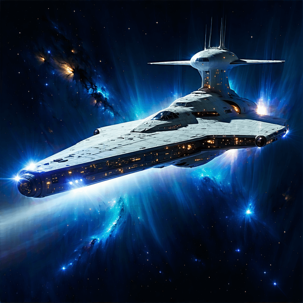 "Imagine a majestic architectural illustration of an advanced spaceship, its blueprint echoing smoothness and efficiency, and its exterior radiates a metallic lustre under the illumination of bioluminescent lights. The picture uses a fisheye lens effect to underscore the size of the spaceship, making it the center of attraction against an infinite canvas of the cosmos peppered with stars. Huge astronomical entities present around the spaceship instil a feeling of wonder and proportion, while the engines discharge a spectacular array of propulsion effects,
