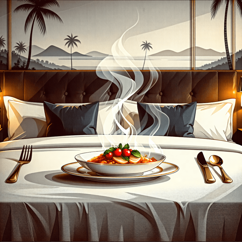 Envision an elegant, high-quality vector-style illustration that seamlessly combines the comforting allure of a cozy hotel facade with the refined elegance of a fine dining setup. This art piece should prominently feature a well-appointed bed adorned with fine textures to evoke a sense of luxury, beside it a steaming dish that's ready to be served, flanked by a neatly placed fork and knife, all under soft warm lighting that casts subtle shadows, enhancing the composition's depth. Surround this inviting scene with soft ambient details—think palm trees swaying gently or undulating hills in the backdrop—rendered in a warm, inviting color palette of earth tones punctuated with gold accents or deep reds to exude warmth. The design must embody minimalism, with clean lines defining each element, creating a sleek, modern aesthetic perfect for a name board. Importantly, maintain a transparent background to allow for versatile application, ensuring the focus remains on the dining setup, balanced against the backdrop of the hotel setting to create a harmonious, warm, and inviting atmosphere.