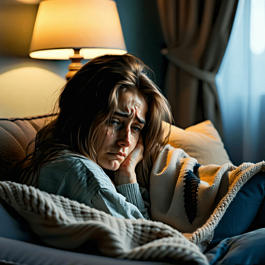 Craft a hero-banner image capturing a poignant moment of a sad female, engaged in a heartfelt conversation on the phone, nestled in the comforting embrace of her cozy living room. The scene is illuminated by the soft, warm glow of a nearby lamp, casting gentle light across her face, highlighting subtle tears glistening in her downcast eyes and a slight frown. This close-up shot focuses on her expression, with soft pastel tones enveloping the scene, adding a tender, emotional depth. In the background, the living room exudes warmth and peace, with soft furnishings and a knit blanket draped over the sofa, suggesting a haven of comfort. A single wilted flower in a vase serves as a poignant symbolic element, adding to the narrative depth. Outside, the soft falling snow adds a serene, almost ethereal layer to the backdrop, with a soft focus on these background details creating a sense of depth. On the coffee table, a cup of tea shows subtle ripples, hinting at the movement in this moment of stillness.
