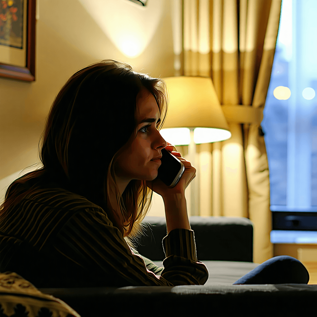 "Create an image for a hero-banner portraying a sad woman speaking on the phone in her living room Her surroundings are bathed in the calming light of a nearby lamp. The female's picture should be realistic