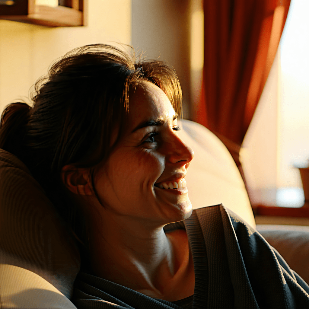 "Create an image for a hero-banner portraying a hopeful woman in her inviting living room, engaged in an uplifting phone conversation. Her surroundings are bathed in the calming light of a nearby lamp, casting a soothing glow on her face, illuminating a hopeful smile and her eyes sparkling with renewed vitality. This close-up captures her expression in rich, earthy hues, infusing the scene with an aura of resilience and optimism. The living room conveys a sense of warmth and tranquility, with soft