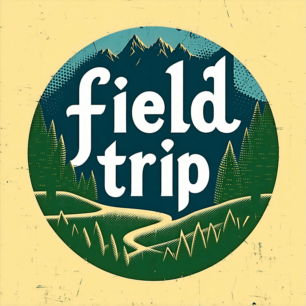 Create a high-quality, 8k resolution photograph of a vintage-inspired, circular logo for a cycling brand named Field Trip. The logo should feature bold, psychedelic-style typography reminiscent of the Satisfy 'Long Slow Distance' logo, yet with a unique font that's slightly more modern and easier to read. The words 'FIELD TRIP' should wrap around the inside of the circle, crafted in a color palette of green, blue, and white to evoke fresh air, nature, and movement. The background will have a worn vinyl texture, in soft, ambient lighting, to give it an artistic, retro, and outdoorsy feel with a modern edge. The composition should include selective focus on the typography, a circular frame, and an overhead perspective, embellished with a vintage filter overlay, sleek minimalistic elements, and a dynamic motion blur effect to represent nature and movement.