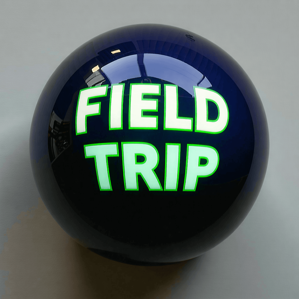 "Produce an ultra-high definition, 8k resolution snapshot of a retro-influenced, spherical insignia for a bicycle company named Field Trip. The insignia should incorporate striking, neon-infused lettering that echoes the Satisfy 'Long Slow Distance' logo, but with an innovative typeface that's somewhat more contemporary and legible. The inscription 'FIELD TRIP' should curve along the interior of the sphere, utilizing a color scheme of teal, lime, and ivory to suggest