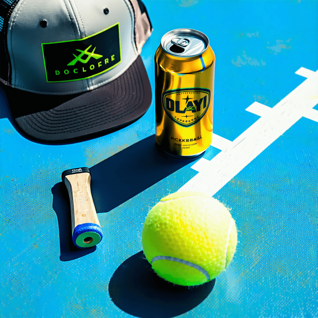 Envision a product photo that captures the essence of an autumn day on the pickleball court, where the game has just paused. Center stage, a gleaming beer can, branded prominently, sits beside a well-used pickleball hat and racket. These items are arranged with care on the court, their logos facing up to catch the eye, illuminated by a soft, directional light that highlights their textures and colors. The composition adheres to the rule of thirds, creating a balanced and engaging scene. The camera angle is high, offering a dynamic view that includes reflections of these objects on the glossy court surface, subtly mirroring their forms. Around them, autumn leaves are scattered in a way that feels natural, adding a seasonal touch and enhancing the color harmony with the court and products. The depth of field is managed to softly blur the background, focusing attention on the products and their details, telling the story of a moment's rest in the game.