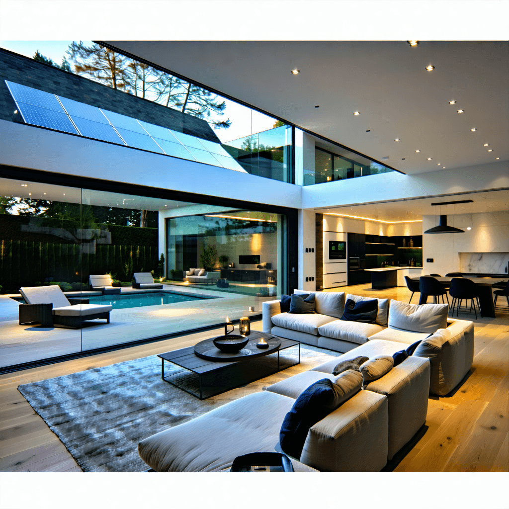 Envision a scene set within a contemporary UK home's living room, bathed in soft, natural light that accentuates a harmonious blend of green and blue tones. At the heart of this sustainable living environment is an advanced Home Energy Management System (HEMS), seamlessly integrated with sleek solar panels visible through the expansive window, their intricate design catching the eye. The room is alive with the energy of a family interacting with the HEMS’ user-friendly interface, visibly enhancing their lifestyle while underscoring the home’s increased value. Outside, the backdrop of nature subtly emphasizes the home's commitment to sustainability. Use leading lines in the composition to guide the viewer's eye across the scene, from the detailed solar panels through the interior to the family, illustrating the practical application and lifestyle integration of the system. Incorporate visual storytelling elements that suggest a progression of energy savings over time, perhaps through a dynamic display on the HEMS interface or subtly integrated graphical elements that do not detract from the scene's realism. The overall image should exude a professional, clean, and detailed aesthetic, capturing a moment that highlights both the environmental and economic benefits of the HEMS and solar panel integration in a home setting.