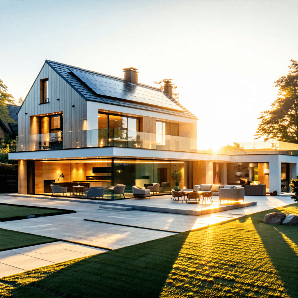 Create a photographic image capturing the essence of how Home Energy Management Systems (HEMS) with solar panels increase a UK home's value, focusing on the golden hour for that warm, inviting light. From an eye-level perspective, visualize a modern UK home that seamlessly integrates smart home technology, highlighting energy efficiency with sunlight streaming beautifully onto solar panels. Include a visually engaging, clear close-up of the HEMS control panel to underscore technical sophistication. Emphasize the home's environmental and cost-saving benefits through subtle, integrated money-saving infographics and green home concepts. Surround the home with a vibrant outdoor living space to illustrate lifestyle integration, ensuring the image conveys a luxurious appeal. Aim for an 8k resolution, highly detailed, professional photography style with sharp focus, realistic textures, natural lighting, and a cinematic composition that draws the viewer into the value of an eco-smart lifestyle.
