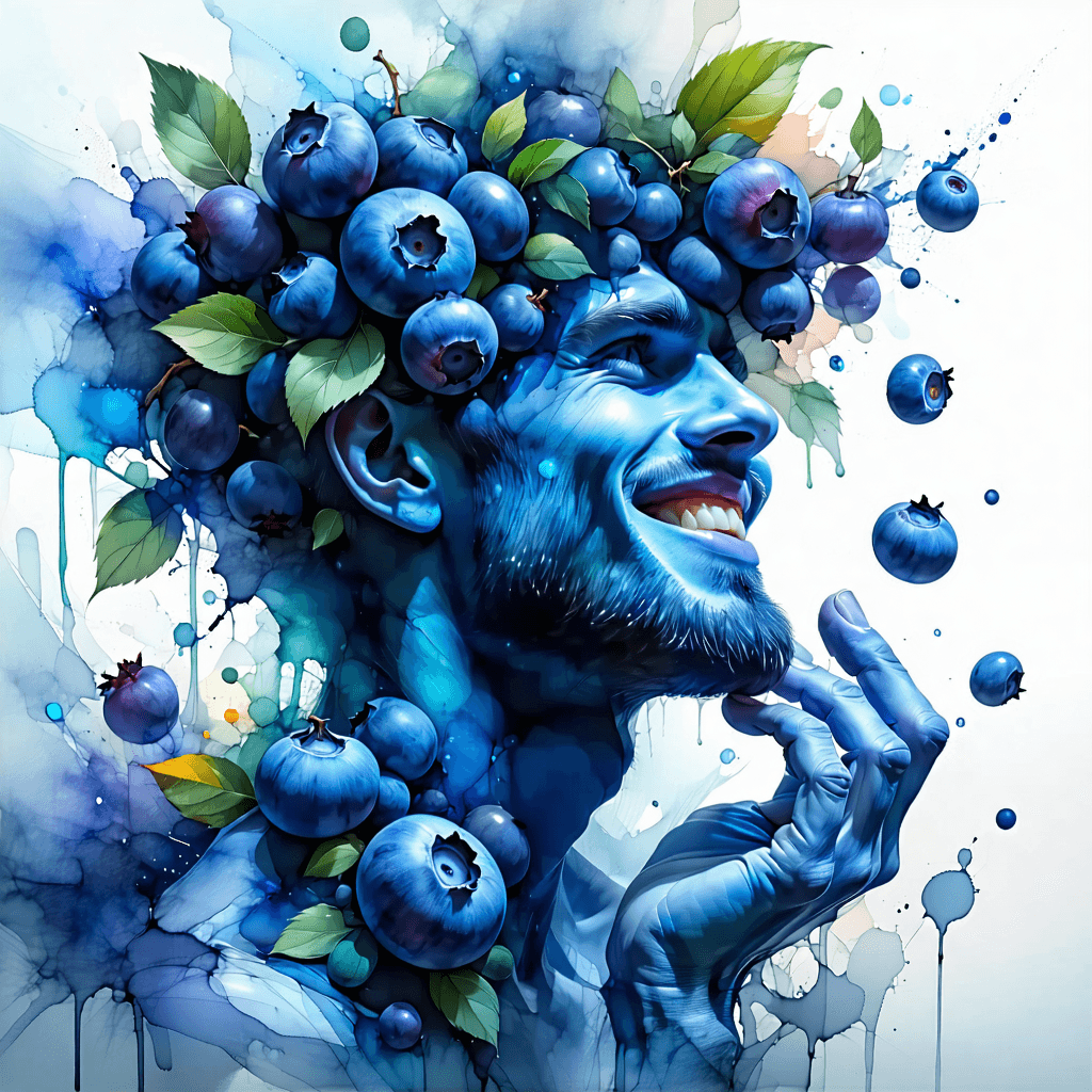 Create a moodboard centered around a whimsical Blueberry Man, embodying joy and playfulness. Imagine him with a skin texture detailed in close-up macro shots, revealing the intricate, monochromatic shades of blue that compose him, with occasional pops of contrasting colors for a dynamic visual. The composition should be symmetrical, placing the Blueberry Man in the center, surrounded by a soft blurred background that emphasizes his figure. Incorporate handwritten text using fonts that mimic the whimsical nature of blueberries. Add visual elements like watercolor splashes, evocative of blueberries, to infuse the scene with a dreamy, artistic ambiance. Lighting should be soft and diffused, casting a gentle glow that enhances the high contrast between the Blueberry Man and his background. Include surreal elements by having the Blueberry Man float in a sea of blueberries, adding an interactive element where clicking on blueberries reveals hidden content. This moodboard should capture a cohesive, inspirational aesthetic that plays with texture, color, and light to tell a story of whimsy and delight.