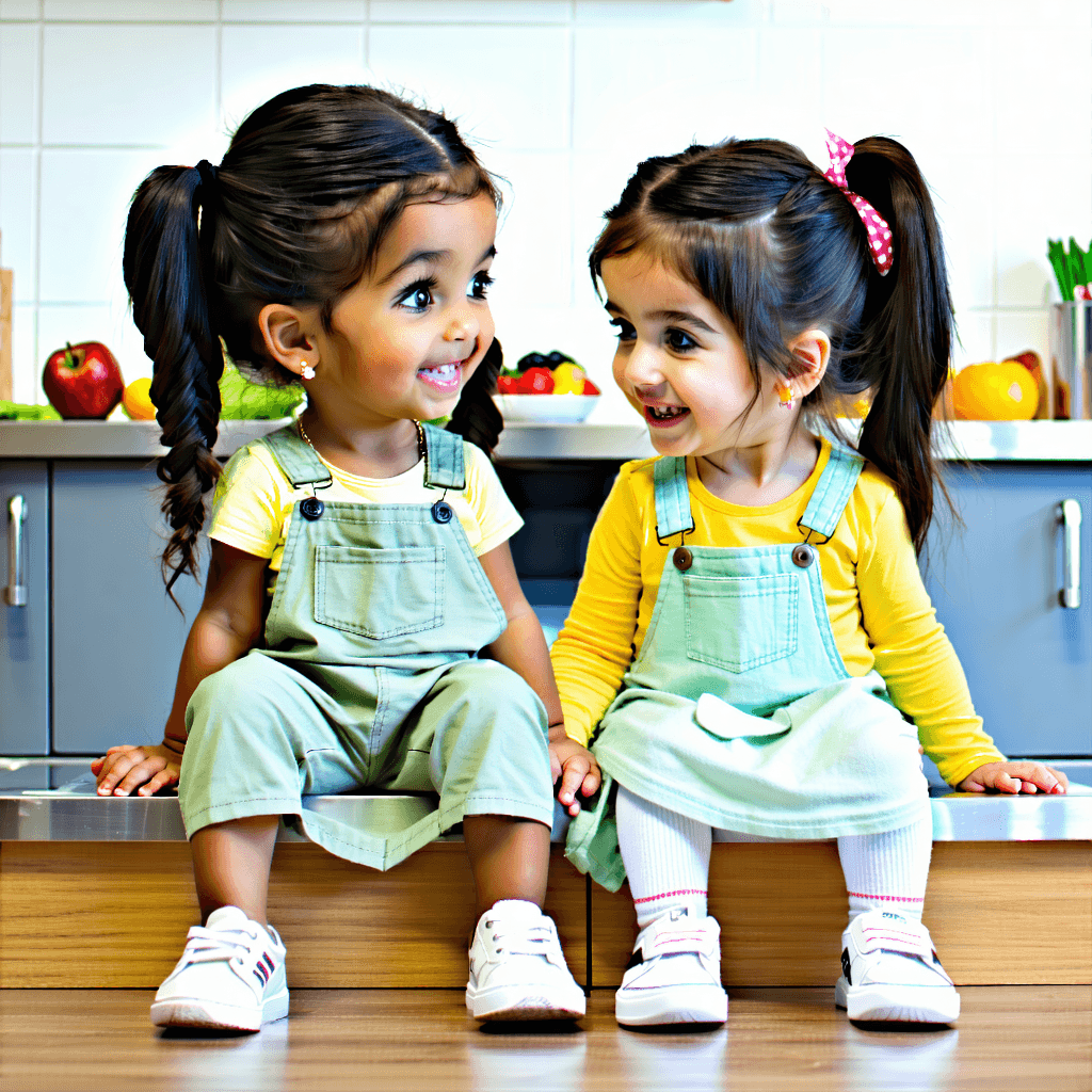 Craft a high-quality, ultra HD 3D image that captures a tender moment between two 5-year-old girls, Shanaya and her friend, sitting side-by-side in a nursery lunchroom in Edinburgh. Shanaya, with her fair Kashmiri skin, sports dark hair in playful pigtails, dressed in light green dungarees over a bright yellow long-sleeved shirt and white shoes. Beside her, a East Asian girl with a blunt haircut, wearing soft pink top paired with brown dungarees, shares a peaceful lunch. The scene is bathed in a soft, warm glow, emphasizing a pastel harmony that complements their genuine smiles and shared laughter. A shallow depth of field brings sharp focus to their faces, textures of their clothing, and the respectful gesture of sharing, while the background softly blurs, hinting at educational posters. Enhance the image with a soft vignette to draw attention to the central message displayed in Pixar/Disney-style text: 'Respect what’s different.' Ensure the composition reflects symmetry and balance, capturing this moment of unity and cultural representation with a cinematic quality.