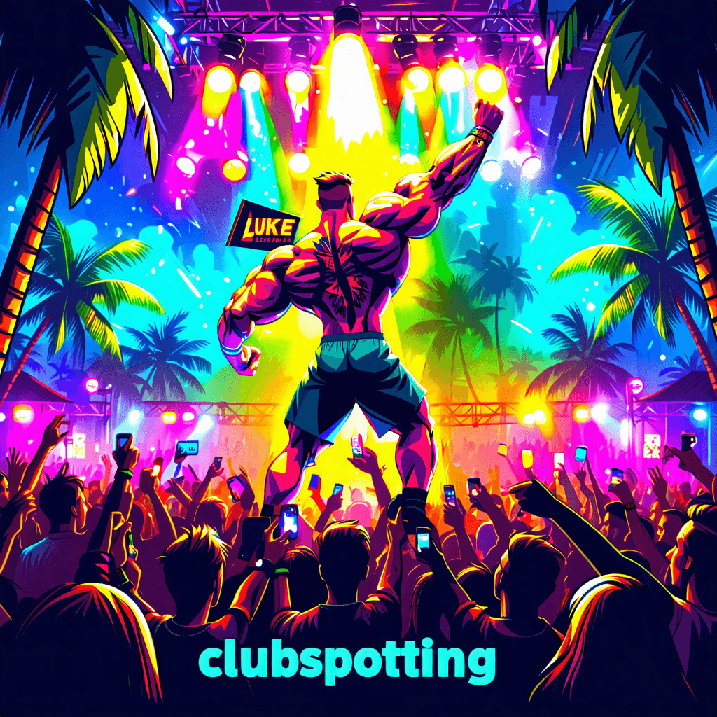 Craft an epic, high-energy movie poster for 'Clubspotting', drawing inspiration from 'Trainspotting', set in the vibrant night scene of Bali's LaFavella beach club. Center the poster on Luke 'Spud' Z, the life of the party, depicted in a bird's eye view perspective amidst a wild party. He's riding the shoulders of a massive, tattooed bodybuilder, both illuminated by neon lights which accentuate their glowing tattoos. Luke is dressed in a light Hawaiian shirt, shorts, thongs, showcasing a tattoo on his left arm and a broken finger in a splint. He's holding a bottle of whiskey, the poster's central motif, symbolizing his wild spirit. Surround them with partygoers dancing under warm neon lights, a waitress distributing tequila shots, and a symbolic sheepdog silhouette in the background. Integrate the taglines 'Choose whisky, Choose nightclub, Choose a Sheepdog, Choose not to go home!' into the scene with distinctive, bold typography that feels part of the party. The composition should be dynamic, with a forced perspective adding depth to the scene, motion blur indicating movement, and gritty textures for an edgy look. The color palette should combine warm tones with neon accents, creating a tropical party atmosphere.