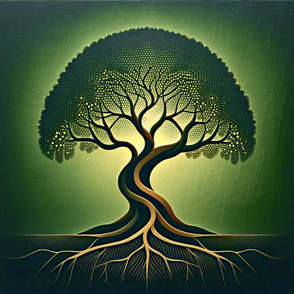 Develop a logo that is a powerful visual representation of genealogy and cultural heritage, featuring a centerpiece of a stylized brazilwood tree which represents a profound, deep-rooted family tree. This tree isn't just a reflection of the past, it also intricately weaves into the future, signifying the convergence of tradition and innovation. The tree should convey an intricate network of roots that symbolize the profound bonds of heritage. The logo must incorporate the name 'GeneaBR' in a cutting-edge yet artistic calligraphic font, amplifying its readability and elegance. Apply a harmonious combination of colors; Forest Green (#228B22) and Gold (#FFD700), utilizing gradients to create a vivid and dynamic effect. The tertiary colors; Earth Brown (#8B4513) and Sky Blue (#87CEEB) should be used to instill depth and contrast in the design. Add a subtle metallic sheen on the tree trunk and roots to give a luxurious finish. Embed sharp geometric shapes in the backdrop to suggest a modern touch, while stylistically hiding a heart shape within the tree for an emotional resonance. The outcome should be a logo which triggers emotional responses and accentuates the importance of ancestral roots.