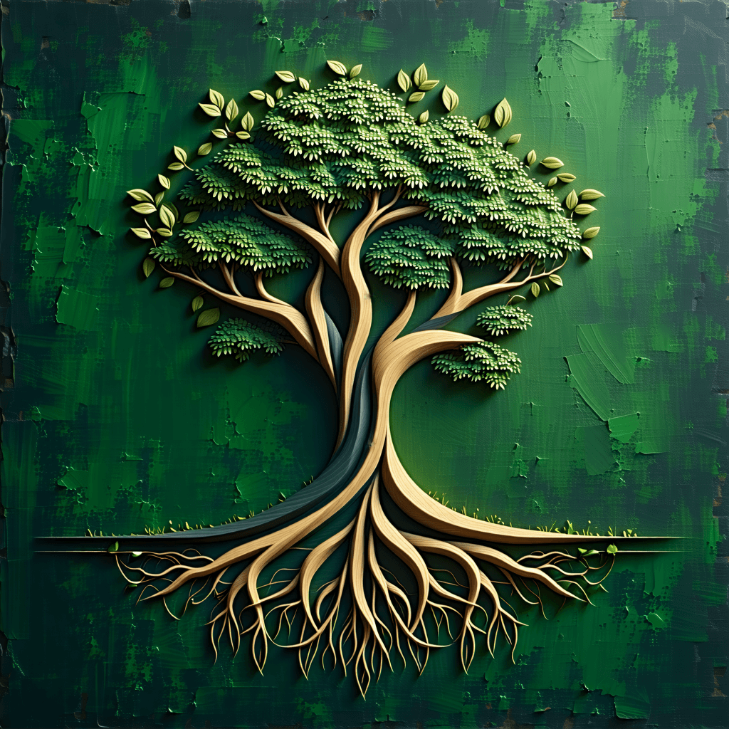 Create a concept art logo that embodies the essence of genealogy and cultural heritage, centered around a stylized brazilwood tree, symbolizing a profound family tree with deep roots. This tree should not only embody the connection to the past but also intertwine with the future, reflecting a blend of tradition and modernity. The logo integrates the name 'GeneaBR' in a modern, professional, yet calligraphic font, enhancing legibility and sophistication. Employ a color palette of Forest Green (#228B22) and Gold (#FFD700), with gradients for a vibrant effect, alongside Earth Brown (#8B4513) and Sky Blue (#87CEEB) for depth and contrast. The design should incorporate intricate root patterns, symbolizing deep connections, and a subtle metallic texture on the tree trunk and roots for a premium finish. Geometric shapes in the background suggest modernity, while a hidden heart shape within the tree adds a subtle emotional touch, creating a logo that resonates emotionally, highlighting the importance of family roots.