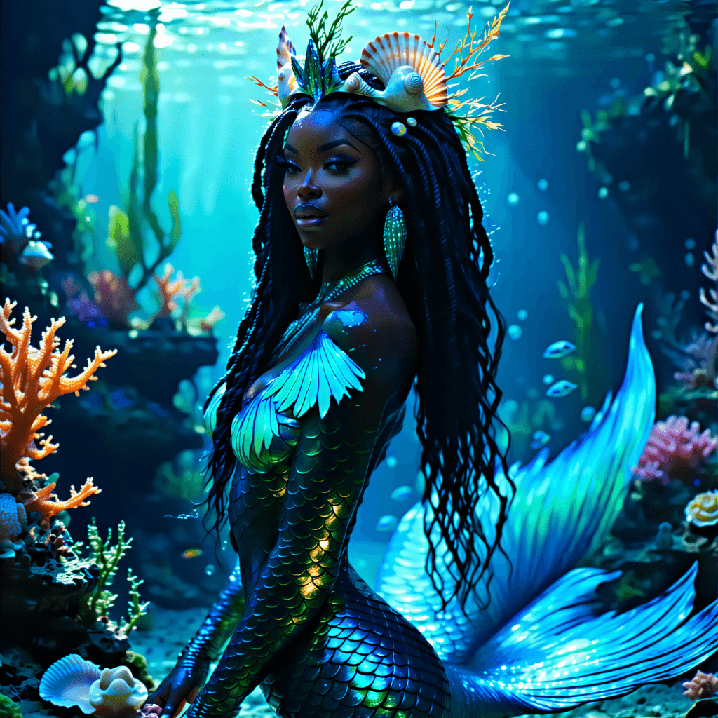 Craft a game asset that encapsulates the essence of a dramatically stunning, ultra-realistic mermaid. This mermaid, caught in a dynamic 'Siren's Call' pose, should exude an enigmatic charm with her soft, ambient-lit underwater realm as the backdrop. Her scales shimmer with varied textures, reflecting the iridescent hues of the ocean, complemented by a detailed shell crown and necklace. Her hair, intertwined with seaweed, flows naturally, enhancing her mystical allure alongside subtle glowing bioluminescence that highlights her form. Surround her with a rich tapestry of corals and sea plants, adding depth and life to the scene. The water around her is alive with dynamic splashes and rippling reflections, capturing the serene yet powerful essence of the underwater world. Ensure the color palette emphasizes the magical ocean hues, and the overall composition is optimized for game environments, maintaining a balance between artistic expression and technical detail.