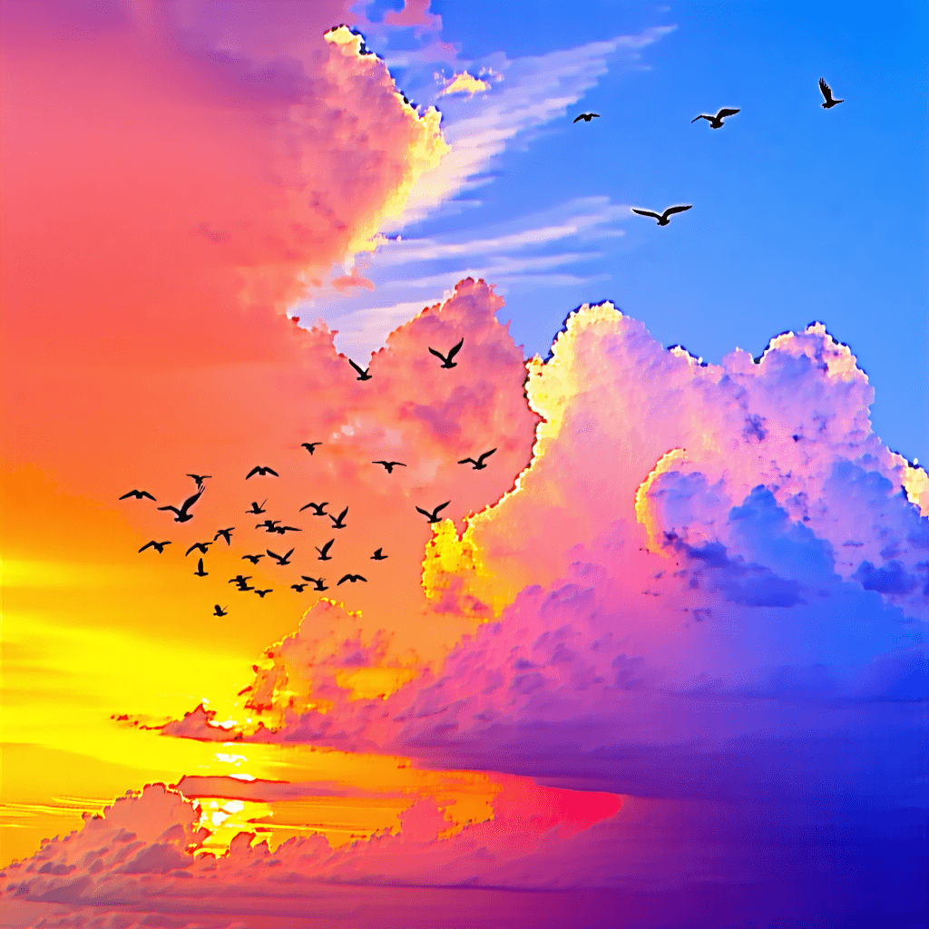 Envision a breathtaking wallpaper that captures the essence of a midday sky, transformed by the magic of winter. The main spectacle is the vibrant sunset colors, blending seamlessly into a clear blue sky, despite it being midday, creating a stunning, surreal backdrop. This sky is alive with the warm golden hour lighting, even as snowflakes gently fall, adding a delicate winter whisper to the scene. A flock of birds, gracefully silhouetted against this vivid canvas, adds a dynamic element of life. The clouds, both wispy and symmetrical, form a diagonal composition across the sky, their reflections mirroring in a way that creates a perfect balance. These clouds also serve as a canvas for impressionistic swirls, hinting at artistic interpretations of the sky. Amidst this, shooting stars subtly streak across the sky, adding a touch of celestial wonder. The landscape below is a serene scene of snow-covered tranquility, inviting the viewer into a moment of peaceful reflection. This image combines these elements in a harmonious composition that feels both calming and decorative, with a subtle, aesthetic quality that captures the viewer's imagination.