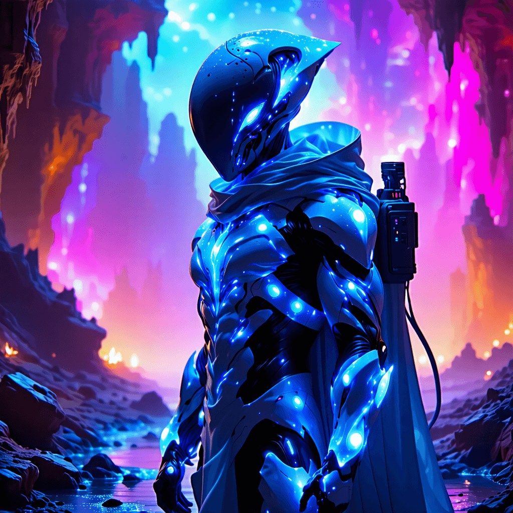 Envision a scene of epic scale, set in the heart of a cinematic galaxy, alive with the vibrant hues of cosmic gradients. In the center, an alien species character, marked by its unique, tech-infused costume, stands in a dynamic action pose, embodying the essence of astral travel. This central figure, illuminated by dramatic rim lighting, becomes the focal point amidst a backdrop of galactic nebulae, enhancing the cosmic elements. Surrounding the character, symbols of cosmic sigils and faction alliances hint at deeper narratives. The scene is alive with interaction dynamics, showcasing a tense conflict scene with other alien characters, all in tech-infused costumes, adding to the diversity and complexity of this universe. The composition uses forced perspective to emphasize the epic scale, with speed lines suggesting rapid movement. Metallic sheen on the costumes and a careful application of motion blur effects bring texture and a sense of urgency. The mood is intense, the atmosphere charged, as if at the precipice of an interstellar battle, where every detail from the cosmic sigils to the alien expressions tells a story of faction alliances and cosmic conquest.