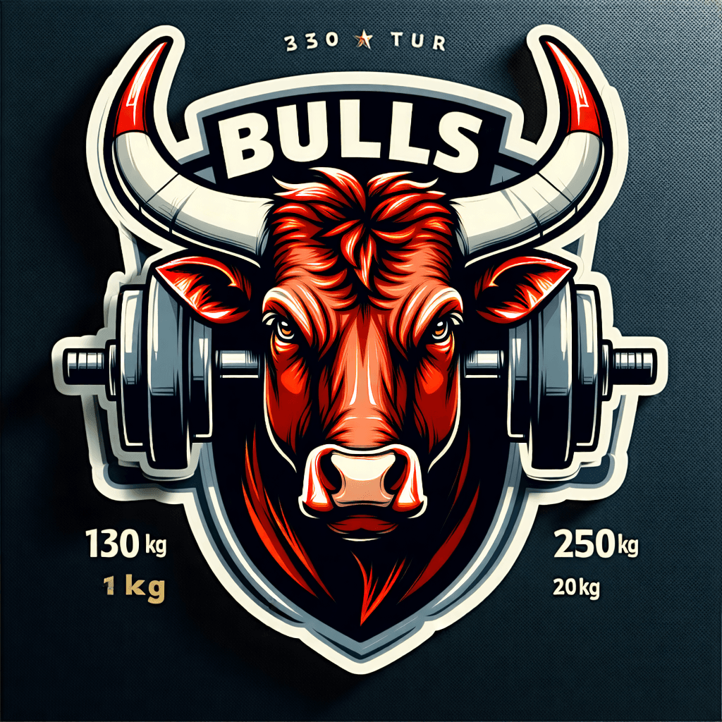 Design a series of stickers for the Bulls gym, each celebrating the milestone of lifting weights starting from 130 kg and advancing in 10 kg increments up to 250 kg. Each sticker should radiate a sense of achievement and progress, embodying the gym's spirit. Incorporate the bull symbol prominently to highlight the Bulls brand, using a dynamic composition with diagonal lines to suggest movement and energy. The stickers should feature a gradient color palette, transitioning from dark to light shades to symbolize the journey of progress. Add a metallic finish to give the stickers a premium look, and use bold, modern sans-serif typography to display the weight numbers. Include illustrations of weights or barbells to emphasize the fitness theme, and integrate geometric shapes for a contemporary flair. Ensure the weight numbers are the focal point, supported by motivational phrases that inspire strength and perseverance. Balance the composition with contrasting light and dark elements, creating a visually appealing and motivational series of stickers.