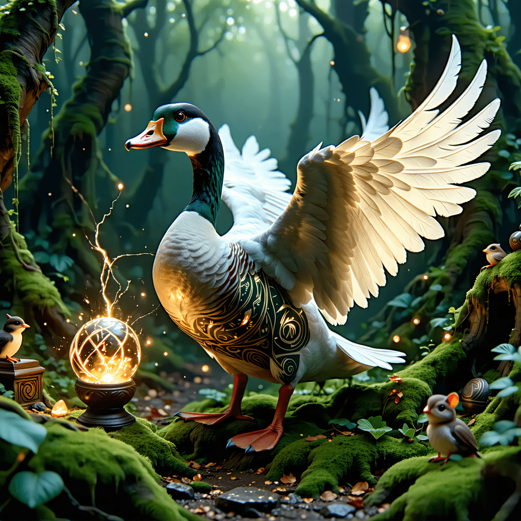 Create a captivating game asset featuring a goose at the center of a lush, mossy environment, its wings adorned with intricate patterns that catch the eye. Surround this majestic bird with a blend of deep greens and earthy tones in the moss, enhancing its velvety texture and fine details. The goose radiates a soft, ethereal glow, adding a magical atmosphere to the scene. Near the goose, place a bomb with faint sparks emanating from it, encircled by cryptic runes that hint at ancient mysteries. The environment is alive with small creatures observing from a distance, adding life to the scene. Scatter ancient relics around to enrich the storytelling, while subtle smoke tendrils and a shimmering aura around the goose inject mystery and intrigue. Adjust the lighting to emphasize the contrast between the vibrant feathers and the dark, inviting moss. Ensure the bomb is slightly off-center to balance the composition, creating a dynamic and visually interesting game asset that's game-ready, detailed, and optimized for the SDXL model.