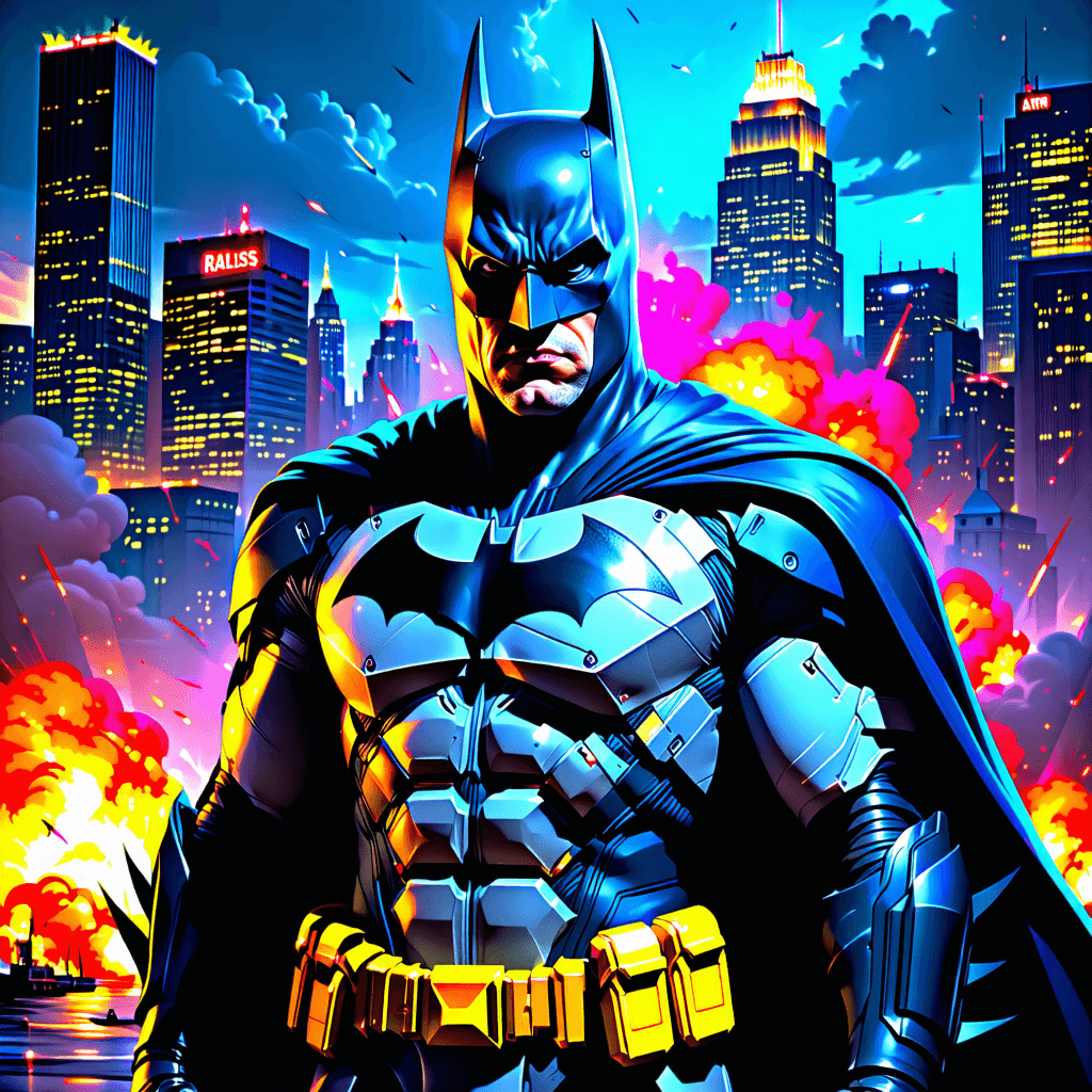 Batman Arkham knight chaos in futuristic city of Dallas Texas , ultra realistic, 8k quality resolution, hyperrealism, cinematic, vibrant, portrait photography, Leonardo vinci, Leonardo phoenix, flux schnell, hyperrealistic, illustration, cyberpunk, steampunk, studio photography, realistic photo