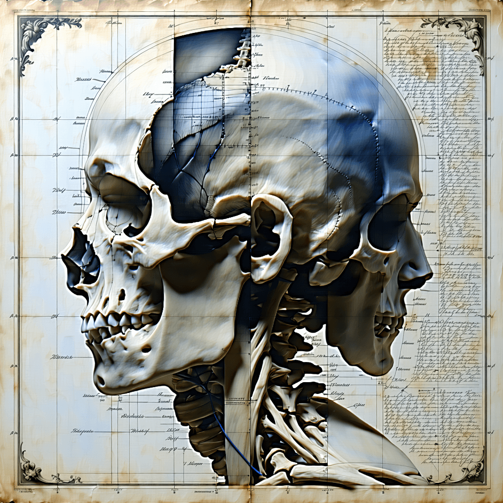 Craft a wallpaper that showcases a Renaissance anatomical study of an allegorical figure, illustrated with fine graphite and ink. The main subject should be meticulously detailed, with transparent fabric layers revealing bone and muscle textures beneath, all labeled in elegant Latin calligraphy. The composition is to be symmetrical, with a focus on macro details to emphasize texture and depth, achieving an embossed effect for a 3D appearance. The image should possess a monochromatic palette, enhanced with dramatic shadow castings for contrast and balance, while an aged texture overlay adds historical authenticity. Integrate a digital augmented reality layer subtly, hinting at modern fusion elements. The narrative unfolds through an evolutionary progression sequence, with hidden interactive labels offering a modern twist on discovery. Aim for a calming, decorative, and subtly aesthetic mood, aligning with a wallpaper's purpose to beautify and intrigue.